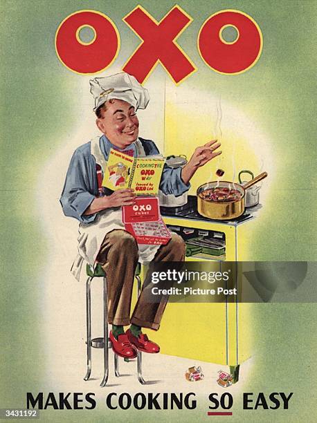 Man cheerfully tosses an Oxo cube into a pan of stew, because it 'Makes cooking so easy'. Original Publication: Picture Post Ad - Vol 57 No 8 P 3 -...