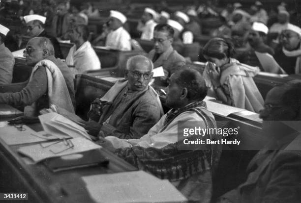 Rajagopalachari , veteran fighter for independence and Industrial Minister of the interim government, and T Prakasam , Premier of Madras attend a...