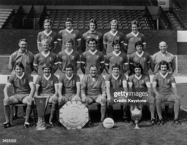 The Liverpool football team after winning the League Championship, the Charity Shield and the UEFA Cup, Joey Jones, John Toshack, Ray Clemence, Phil...