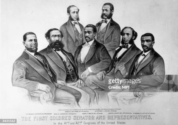 An engraving depicting some of the first Black members of the US Congress, including American politicians US Senator Hiram Revels with...