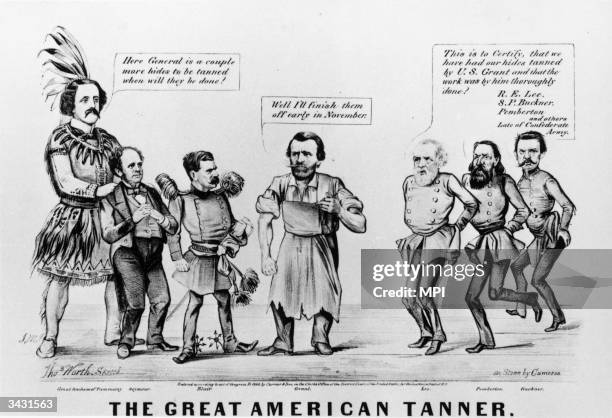 Political cartoon showing the Union General and Republican President, Ulysses S Grant tanning the hides of Confederate Generals and about to deliver...