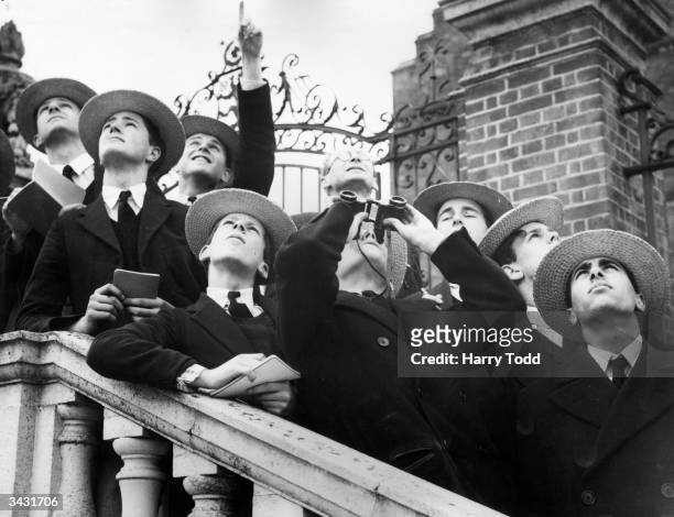 Schoolboy members of the airplane spotters club at Harrow School.
