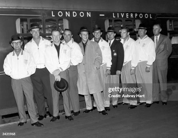 The American Ryder Cup team leaving Euston Station, London, Gerry Barber, Bill Collins, Gene Littler, Doug Ford, Arnold Palmer, Jay Herbert, Mike...