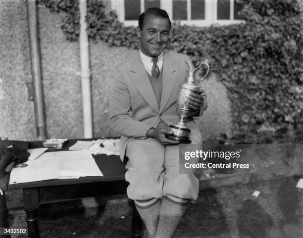 American golfer Gene Sarazen with a trophy at the British Open Golf Championships at Princes Course, Sandwich.