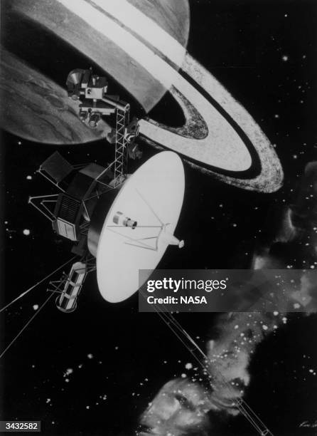 Contrived photograph of NASA spacecraft Voyager's encounter with Saturn on November 12th 1980 when the spacecraft came within 77,174 miles of the...