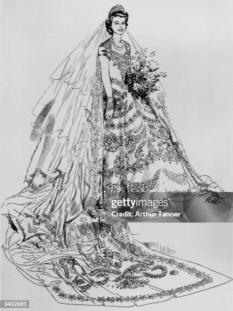 Drawing of Princess Elizabeth's wedding dress.