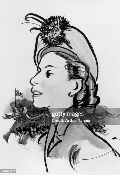 Drawing by Norman Hartnell of Princess Elizabeth's going away hat.