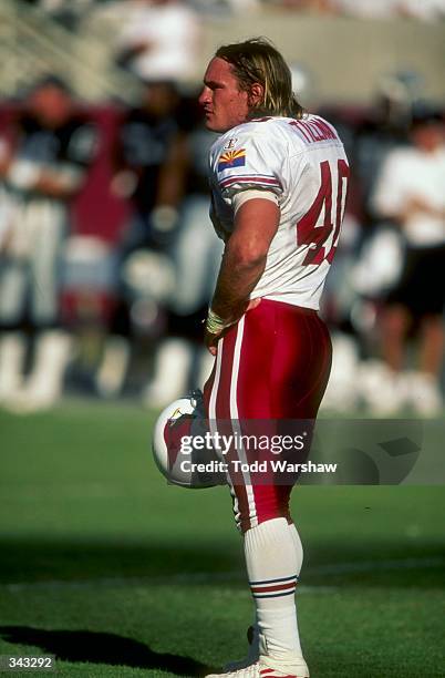 Safety Pat Tillman of the Arizona Cardinals looks on during a game against the Oakland Raiders at the Sun Devil Stadium in Tempe, Arizona. The...
