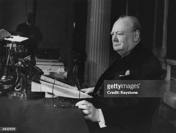 Prime Minister of Great Britain Winston Churchill makes his VE Day Broadcast to the world.