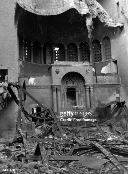 The ruins of the Tielshafer Synagogue in Berlin, burnt by the Nazis on 'Kristallnacht' in November 1938. Property confiscated from Jews was stored...
