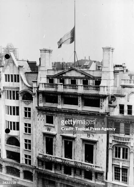 The Suffragette flag at half mast over the headquarters of the Women's Social and Political Union at Lincoln's Inn House, Kingsway, London, after the...