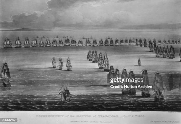 The fleet arrayed at the start of the Battle of Trafalgar, the famous naval engagement between the British fleet, under Horatio Nelson, and the...