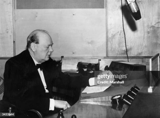 British First Lord of the Admiralty, Winston Churchill at a BBC studio in London to make his first wartime radio broadcast, 1st October 1939.