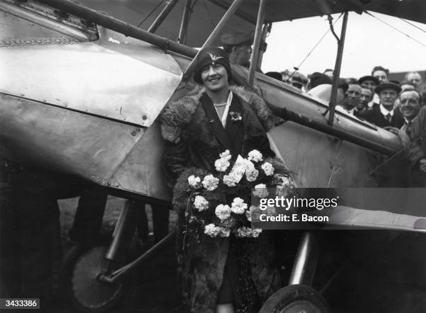 Sophie Mary Heath after landing at Croydon airfield and becoming the first woman to fly from Capetown to Europe.