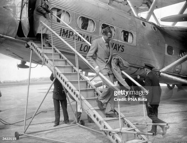 The Duke and Duchess of Kent disembarking from an aeroplane at Croydon airfield, Surrey.