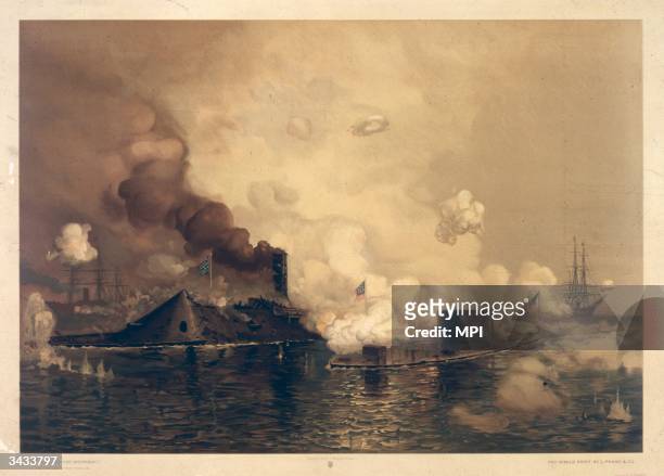 The battle between the Union submarine 'Monitor' and its Confederate counterpart 'Merrimack' at Hampton Roads, Virginia. The battle was the first...