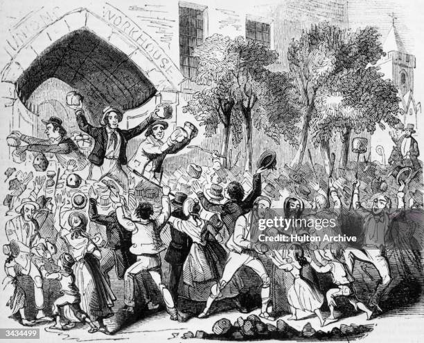 Bread being thrown by a crowd in an attack on a Union workhouse in Stockport, Lancashire. Original Publication: Illustrated London news - pub. 1842