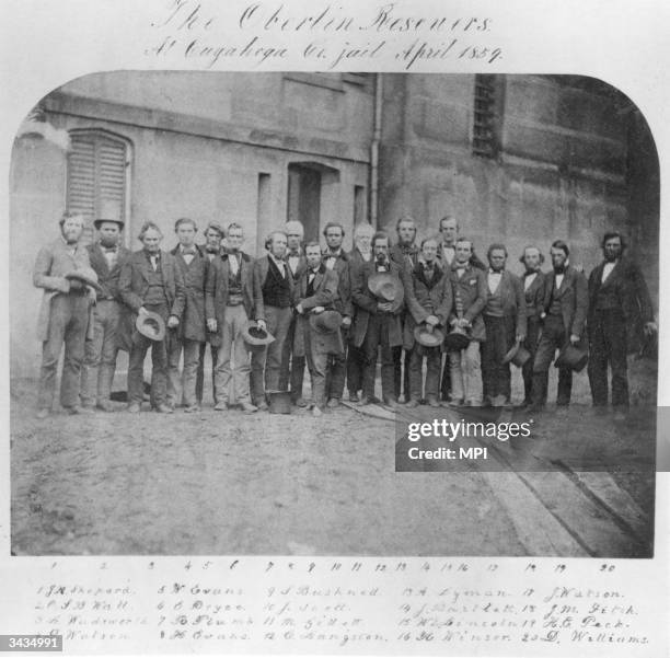 Group of abolitionists, known as the Oberlin Rescuers, outside the Cuyahoga County Jail, Ohio, from which they had rescued a fugitive slave called...