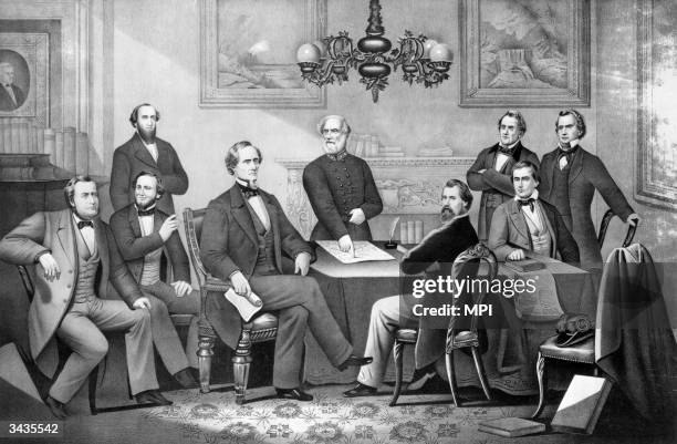 The Confederate President Jefferson Davis with his cabinet and, centre, General Robert E Lee . The cabinet members left to right are - Stephan...