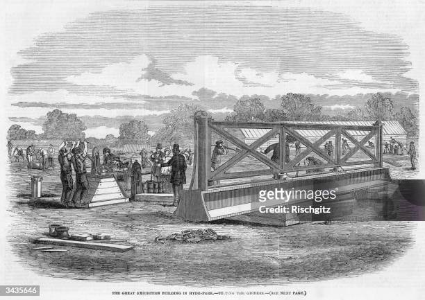 Workmen test the strength of the girders during construction of the Crystal Palace in London's Hyde Park, venue for the Great Exhibition of 1851.