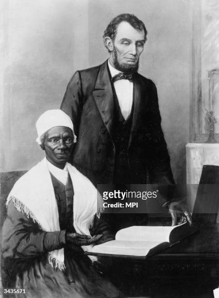 Abraham Lincoln reading the Bible with abolitionist Sojourner Truth , a formerly enslaved woman, originally Isabella Van Wagener, in a print...