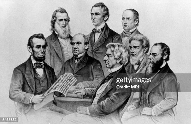 American President Abraham Lincoln with members of his cabinet , Gideon Welles, the Secretary of the Navy, Salmon P Chase, the Secretary of the...
