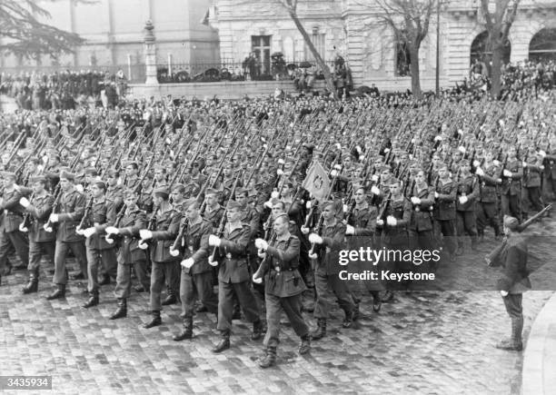 An infantry parade in Madrid, to celebrate the second anniversary of General Francisco Franco´s victory in the Spanish Civil War, April 1941.