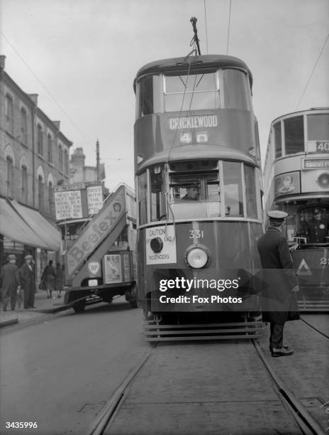 New' metropolitan tram at Cricklewood, London.