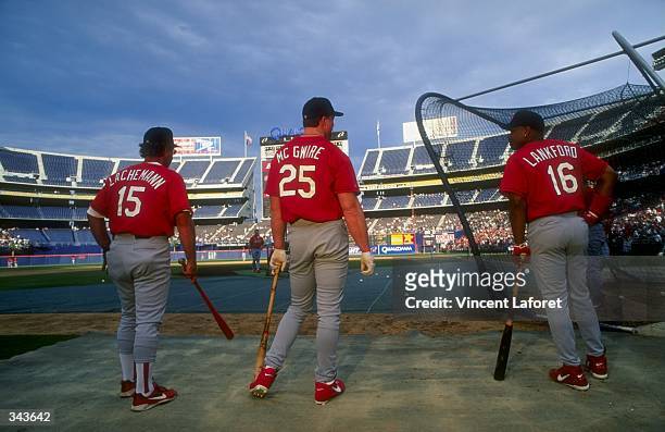 Infielder Mark McGwire of the St. Louis Cardinals looks on during a game against the San Diego Padres at the Qualcomm Park in San Diego, California....