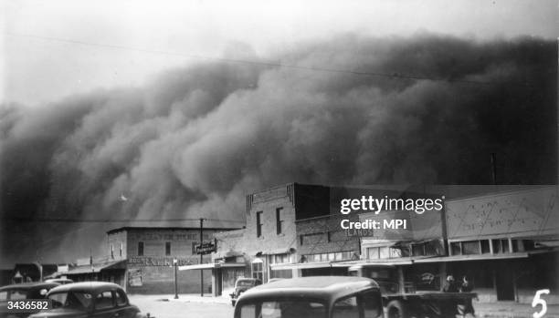 Dust storm approaching the town of Elkhart in Kansas.