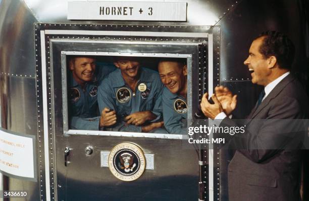 From left to right, Neil Armstrong, Michael Collins and Edwin 'Buzz' Aldrin Jnr, the crew of the historic Apollo 11 moon landing mission are...