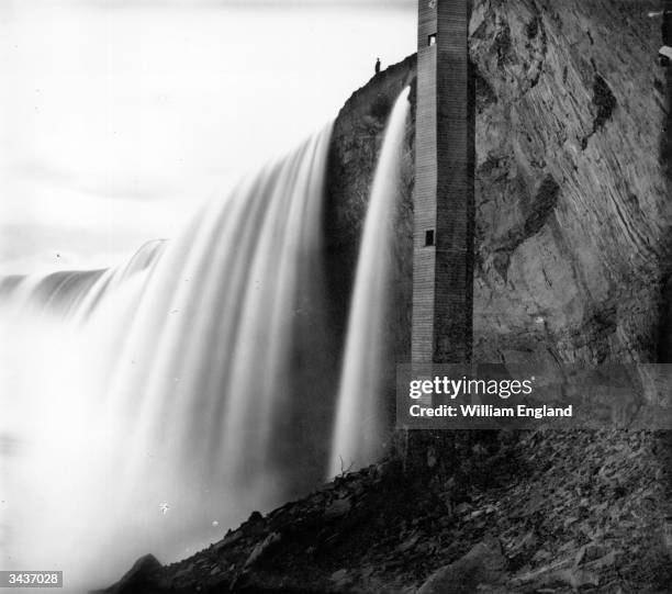 The spiral staircase leading from Table Rock to the Horseshoe Falls, Niagara, and a passage behind the falls.