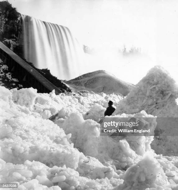 Icebergs at the base of the American or Rainbow Falls, the section of Niagara Falls which lies in New York State.