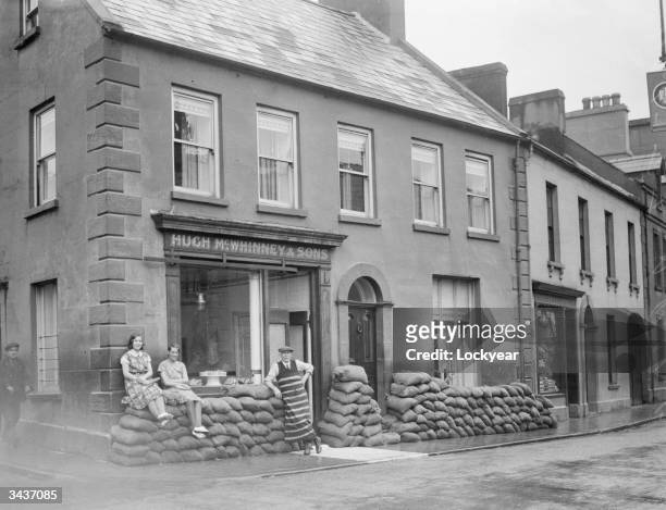 Sandbags piled in front of a butcher's shop in Newtonards, County Down.