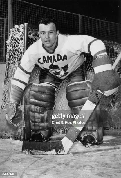 Denis Brodeur, the first line goalkeeper of Canada's ice hockey team during a practice match. The team are in training to defend their title against...