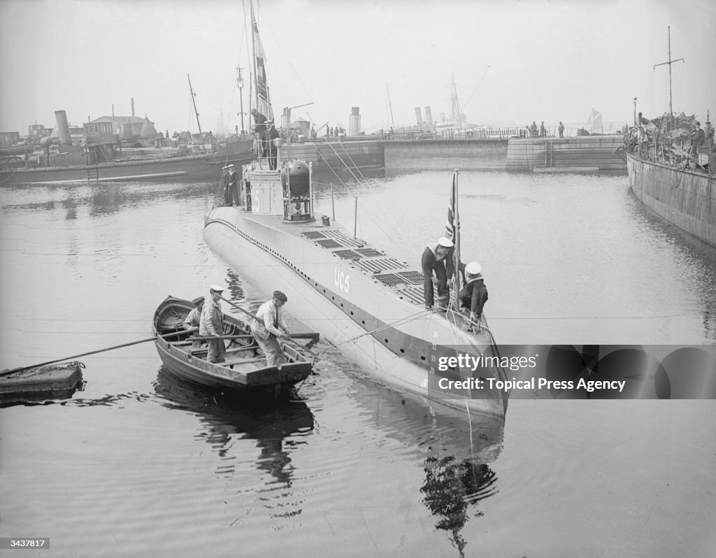 The captured German submarine UC5 moored at Sheerness. News Photo
