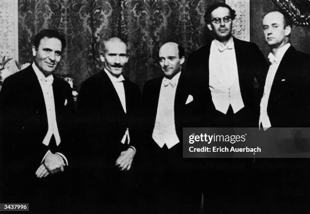 Five world famous conductors in Berlin at a reception for Toscanini. Left to right; Bruno Walter , Arturo Toscanini , Erich Kleiber , Otto Klemperer...