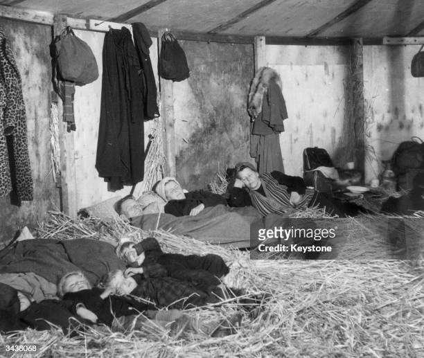 German refugees fleeing from the Russian zone in the first few weeks after the end of World War II in Europe. They are sleeping on straw in a...
