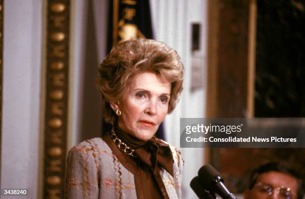 First Lady Nancy Reagan talks to the media about curbing drug abuse.