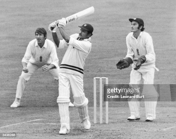Left handed Indian cricketer Ajit Laxman Wadekar batting in India's first innings during the third test at the Oval. The wicket keeper is Alan Knott.