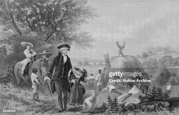 American president George Washington watches over a group of Black enslaved people working in a field at Mount Vernon.