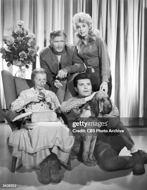 Promotional portrait of the cast of the television series, 'The Beverly Hillbillies.' Clockwise Irene Ryan , Buddy Ebsen , Donna Douglas and Max Baer...