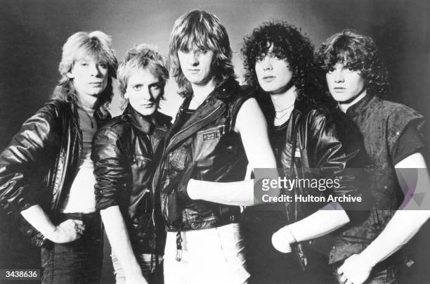 British rock band Def Leppard. From left to right: Steve Clark, Rick Savage, Joe Elliott, Pete Willis and Rick Allen.