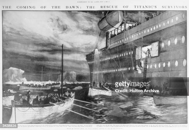 The Carpathia arrives to pick up survivors in lifeboats from the Titanic. Original Publication: The Graphic - pub. 1912