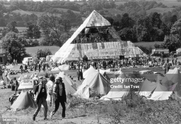 Hippies at the second Glastonbury Festival, which saw the first use of a pyramid stage.