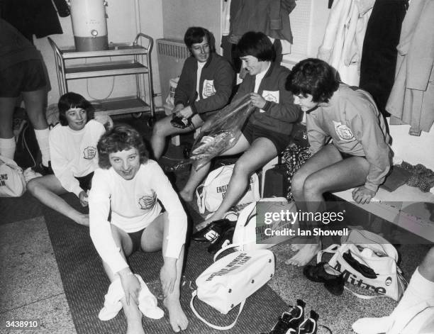 Members of the England Women's soccer team in the changing room at Wembley Stadium. They are training for Britain's first ever Official Women's...