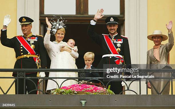 King Harald of Norway, Crown Princess Mette-Marit holding Princess Ingrid Alexandra, her son Marius Hoiby, Crown Prince Haakon and Queen Sonja of...