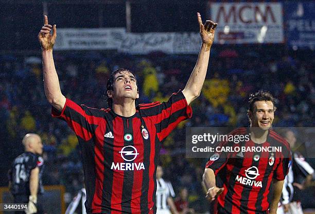 Milan's Brazilian midfielder Ricardo Kaka jubilates with teammate Ukrainian striker Andryi Shevchenko, after scoring the winning goal against Siena,...