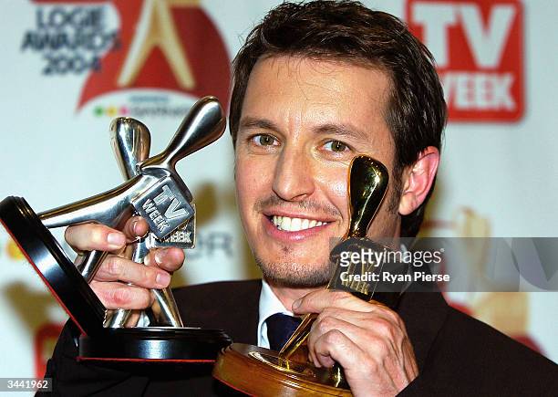Rove McManus poses with his Gold Logie and two Silver Logies at the 46th Annual TV Week Logie Awards at the Crown Entertainment Complex April 18,...