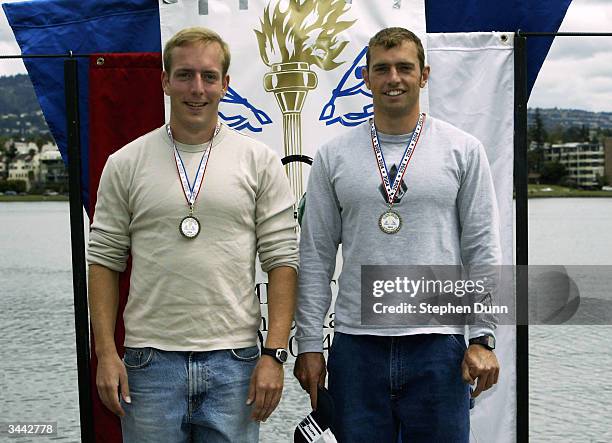 OAKlAND, CA Jordan Malloch and Nate Johnson stand with their medals for winning the Men's C2 1000 meter final during the U.S. Olympic Flatwater...